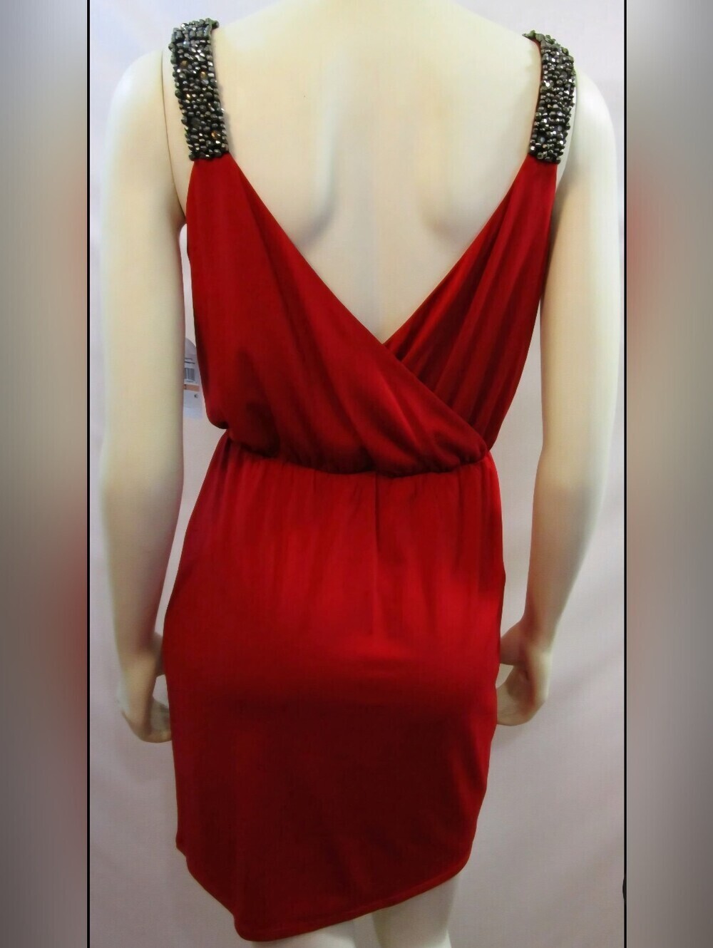 Jessica Simpson Sleeveless Red Sheath with Jeweled Straps and Back V-Cut